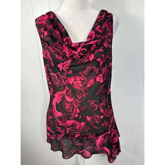 Cache Vintage black and pink beaded tank top with cowl neck. Size XS. - Picture 1 of 7